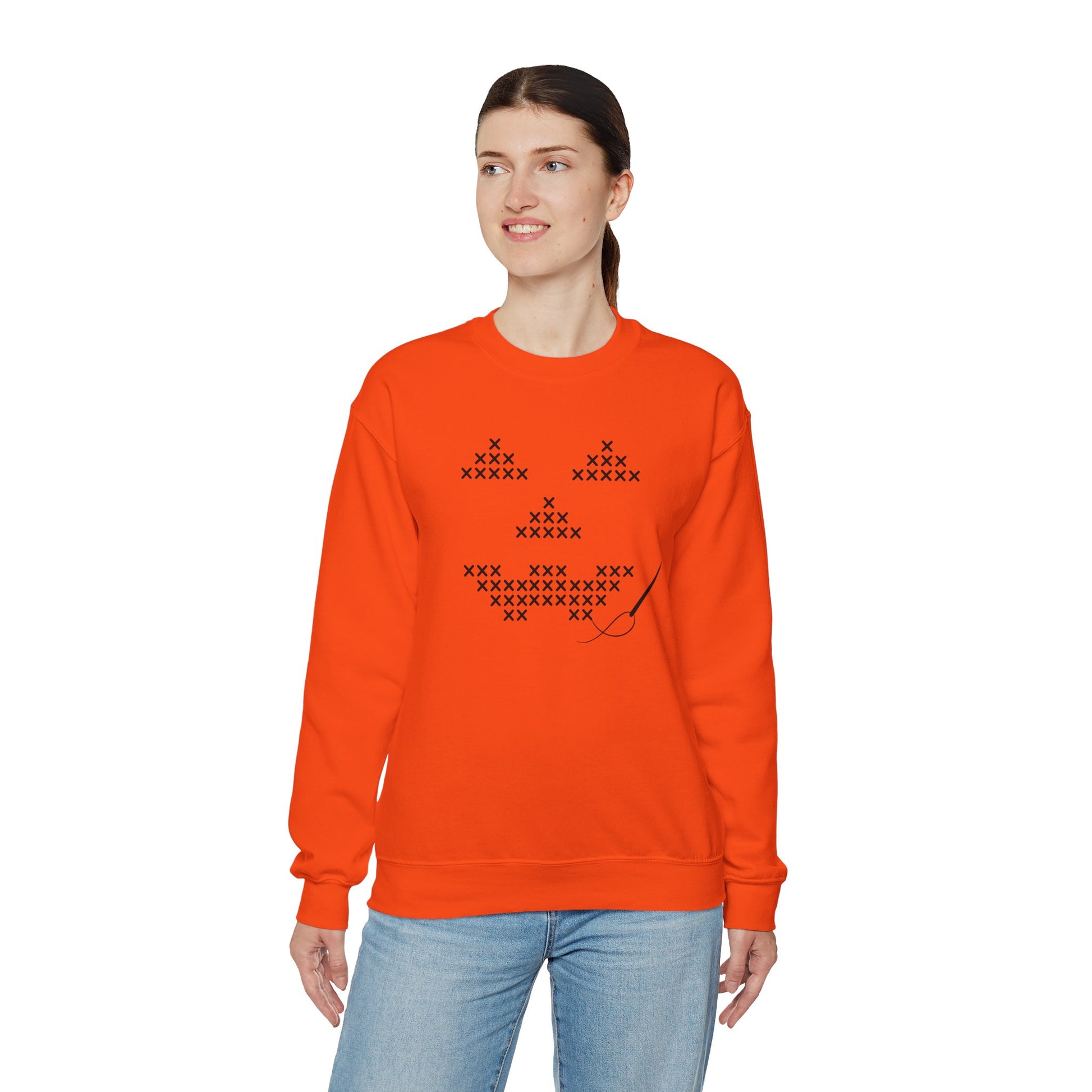 Cross-Stitched Jack-o'-Lantern Halloween Sweatshirt - Snarky Wonderful - 2